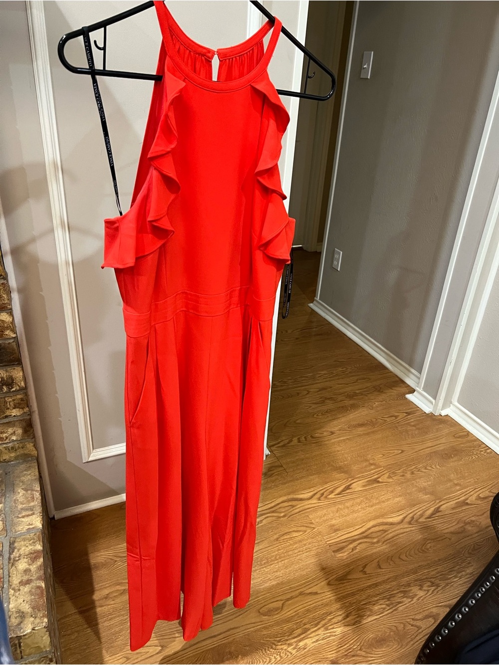 Orange Red Ruffle Halter Midi Jumpsuit- Women's